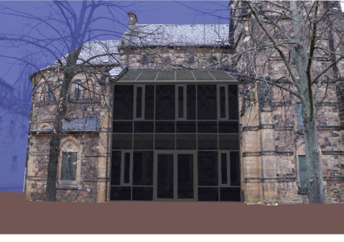 Entwurf der Fassade mit Begegnungszentrum